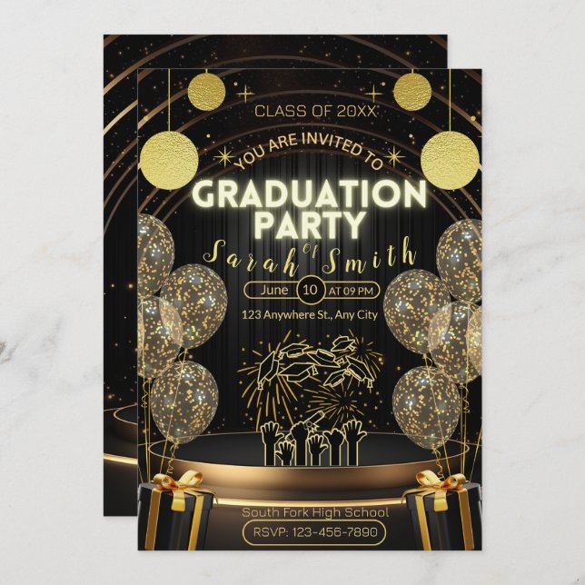 Convite para Festas de formatura Dourada e Preta E (Frente/Verso)