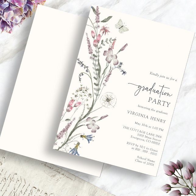 Convite para Festas de formatura Elegante (Elegant Watercolor Floral Graduation Party Invitation with Butterfly by Painted Paperie
)