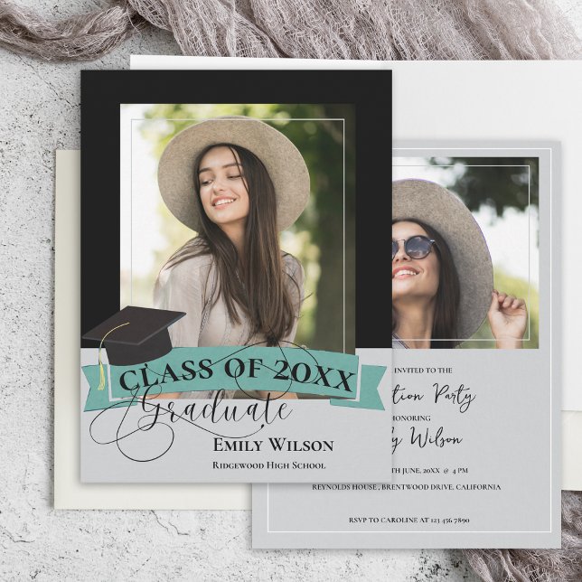 Convite para Festas de formatura Elegante Duas Fot (Elegant Two Photo 2025 Graduation Party Invitation Postcard)