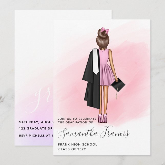 Convite para Festas de formatura Elegante, Rosa e  (Frente/Verso)