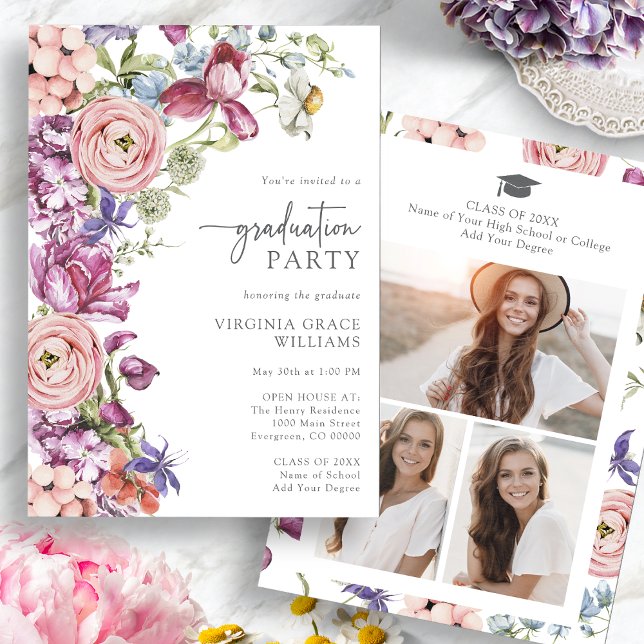 Convite para Festas de formatura Floral Moderna (Modern Floral Watercolor Graduation Party Invitation with Pictures by Painted Paperie
)