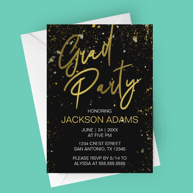 Convite para Festas de formatura Moderna do Partid (Gold and Black Graduation Party Invitation)