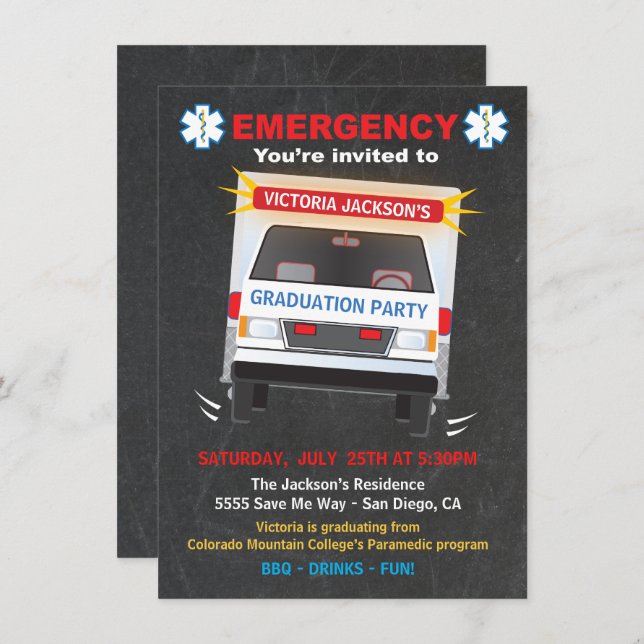 Convite para Festas de formatura paramédica ou EMT (Frente/Verso)