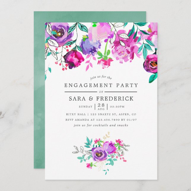 Convite para Festas de noivado Floral de Roxo e Mi (Frente/Verso)