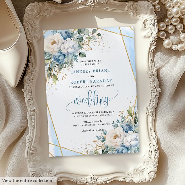 Convite para Flores Douradas de Sage Azul Pastel W (Whimsical Pastel Blue Sage Gold Flowers Invitation)
