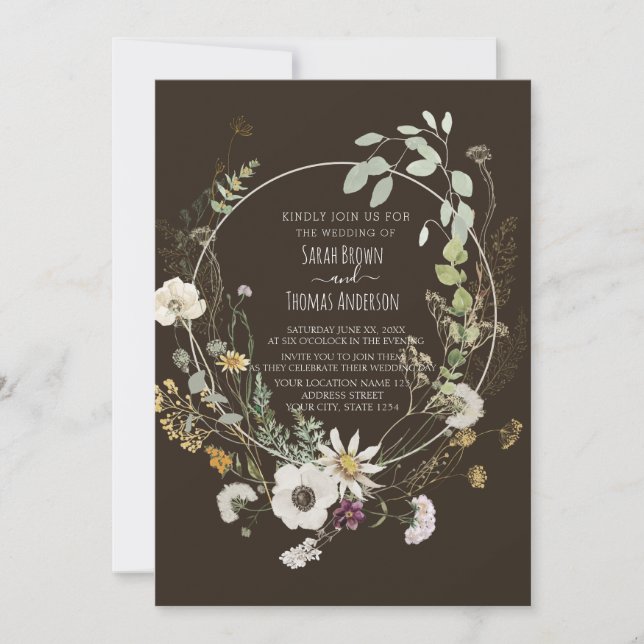 Convite para Flores Selvagens de Cor Suave Castanh (Frente)