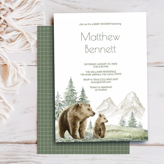 Convite para florestas de cor d'água de urso-mãe e (Cute watercolor baby shower invite with forest and bear design in sage green. Ideal for woodland the)