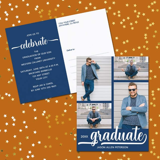 Convite para Formando Azul de Colagem de Fotografi (Modern 4 photo collage blue graduate party invitation postcards)