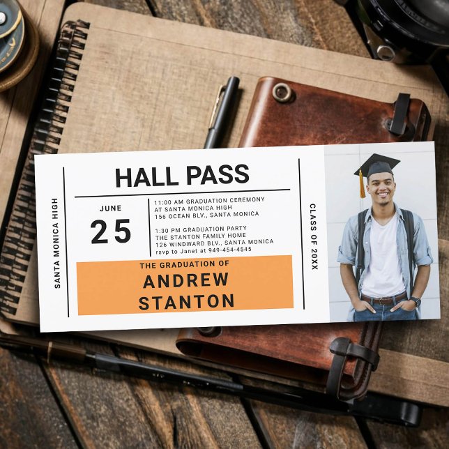 Convite para Formandos Laranja de Partido Segundo  (boy graduation party ideas high school hall pass invitation template male grad diy personalized cool)