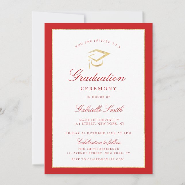Convite para formatura vermelha de boné elegante (Frente)