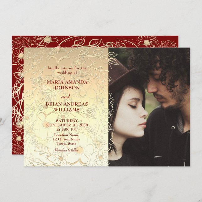 Convite para Foto de Casamento Floral Dourado (Frente/Verso)