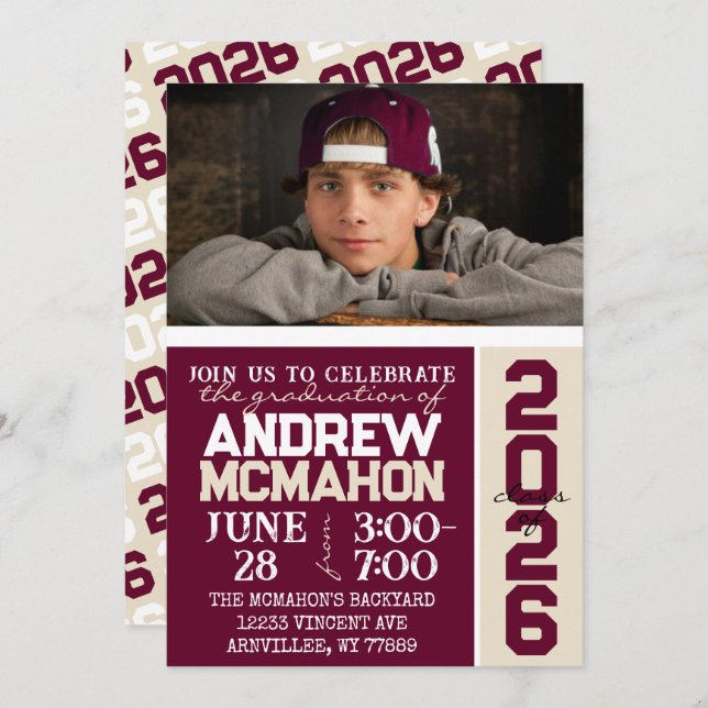 Convite Para Foto Para Graduação De Burgundy E Cre (Frente/Verso)