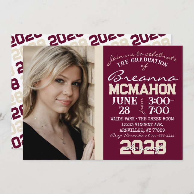 Convite Para Foto Para Graduação De Burgundy E Cre (Frente/Verso)