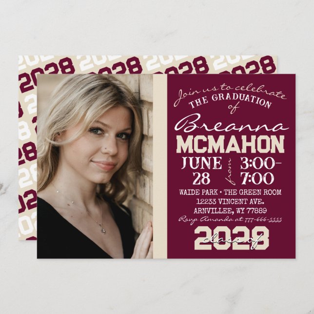 Convite Para Foto Para Graduação De Burgundy E Cre (Frente/Verso)
