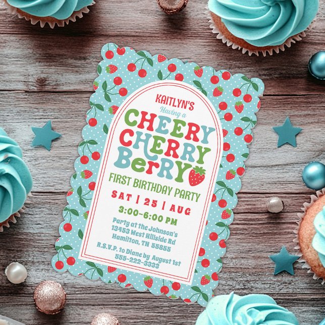 Convite para Fotografia da Primeira Festa de anive (Cute Whimsical First Birthday Invitation Cheery Cherry Berry Scalloped Invitation)