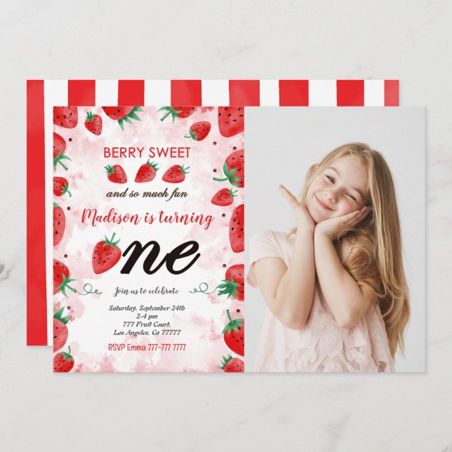 Convite para Fotografia Editável de Morango (Frente/Verso)