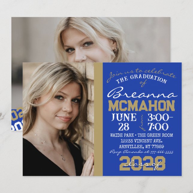 Convite para Fotografias Dourado de Azul e Bronze  (Frente/Verso)