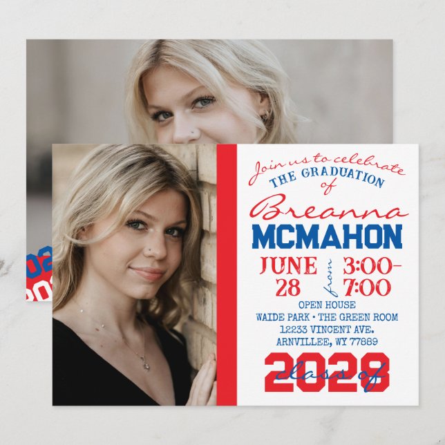 Convite para Fotografias Red, Blue & White Graduat (Frente/Verso)