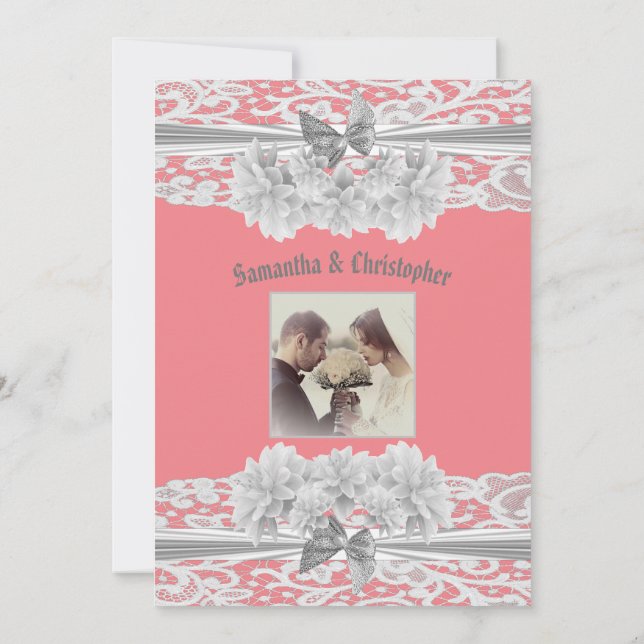 Convite para fotos de casamento de renda branca ro (Verso)
