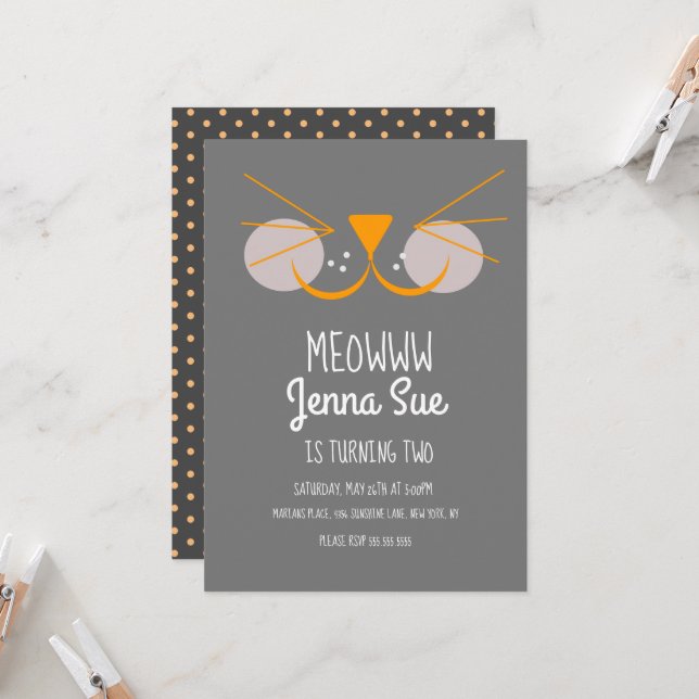 Convite para gatos de Cinza de Festa de aniversári (Frente/Verso In Situ)