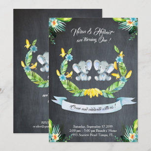 Convite para gêmeos elefantes, Floral, rua bebê 1