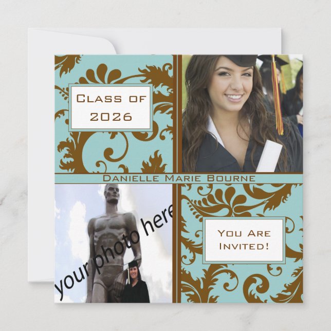 Convite para Graduação Azul Aqua Preto Damasco (Frente)