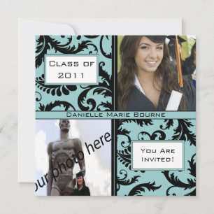 Convite para Graduação Azul Aqua Preto Damasco
