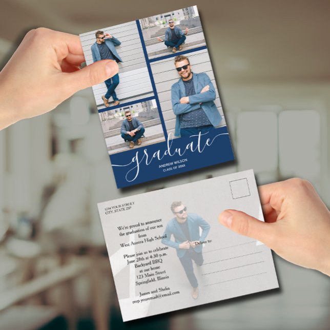 Convite para Graduação Azul com Marinho de Fotogra (Multi Photo Navy Blue Graduation Invitation Postcards)