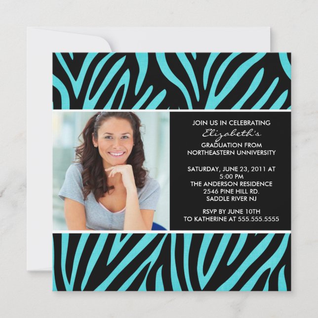 Convite para graduação com Photo Turquoise Zebra (Frente)
