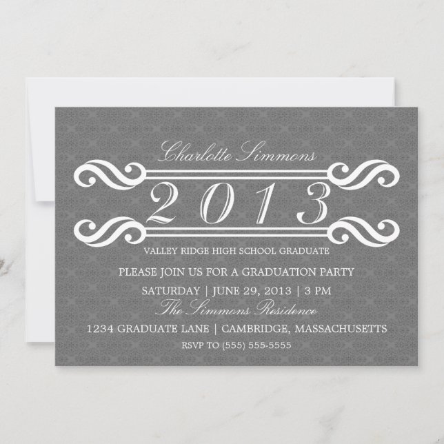 Convite para Graduação da cinza Vintage Damask 201 (Frente)