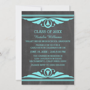 Convite para Graduação de Chalkboard Aqua Deco