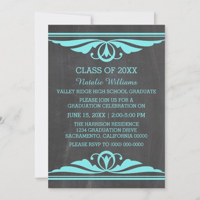 Convite para Graduação de Chalkboard Aqua Deco (Frente)