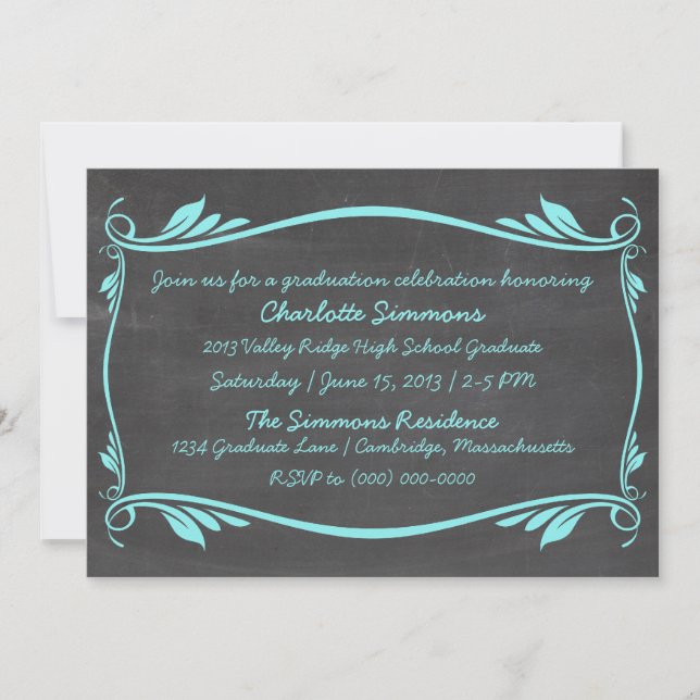 Convite para Graduação de Chalkboard Aqua Flourish (Frente)