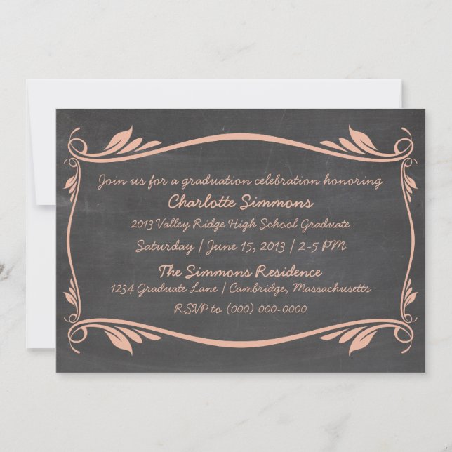 Convite para Graduação de Chalkboard Peach Flouris (Frente)
