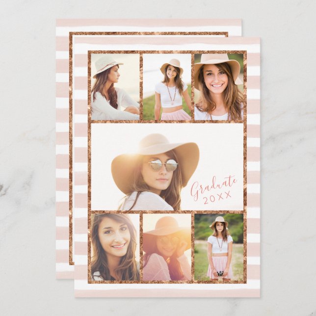 Convite para Graduação de Colagem de Fotos Dourada (Frente/Verso)