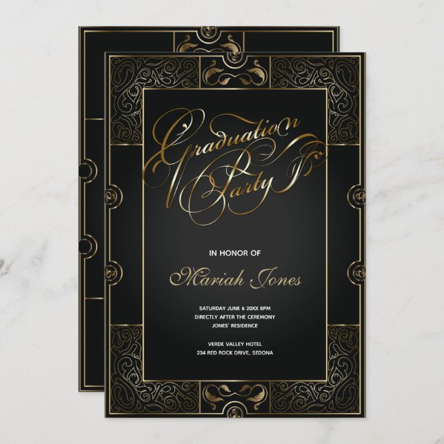 Convite para GRADUAÇÃO de Deco de Arte Preta/Doura (Frente/Verso)