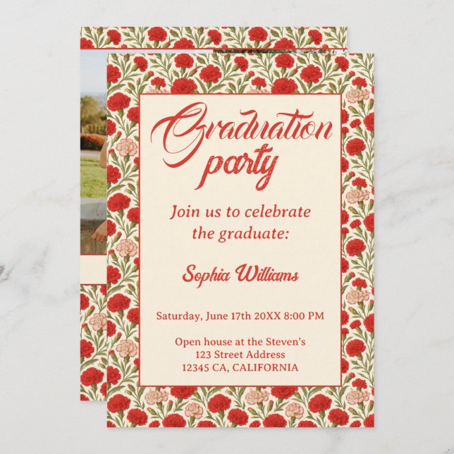 Convite para Graduação de Flores de Cravagem Verme (Frente/Verso)