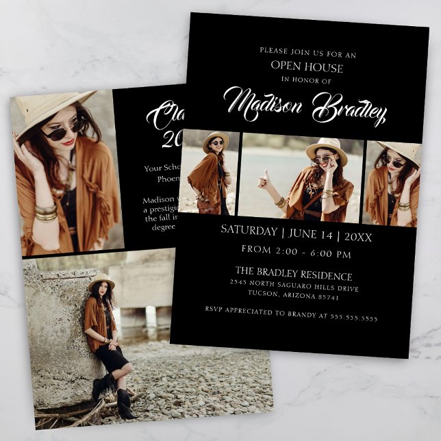 Convite para Graduação de Foto Chic da Elegante Tr (Modern Photo Collage Graduation Invitation for Open House with Elegant Script and Trendy Typography)