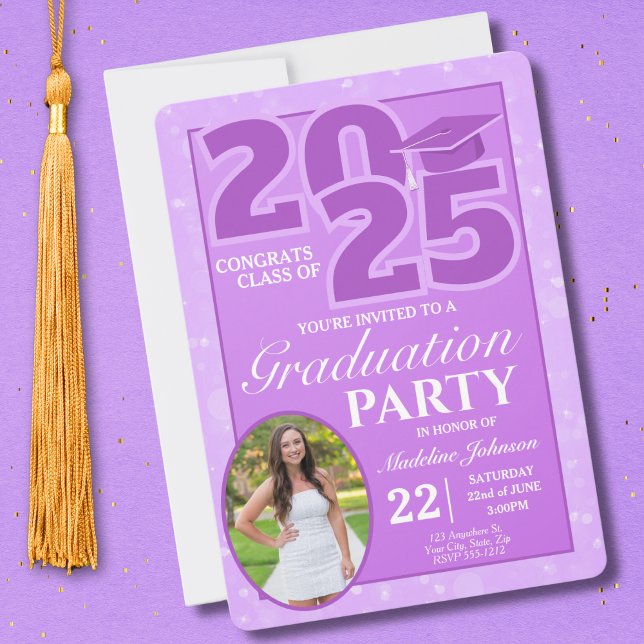 Convite para Graduação de Foto de Tendência Roxa 2 (Graduation Party Invitation)