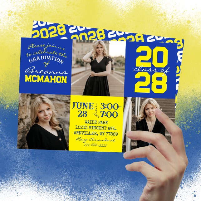 Convite para Graduação de Fotos Azul e Amarelo 3 (Unique Blue and Yellow 3 Photo Graduation Invitations)