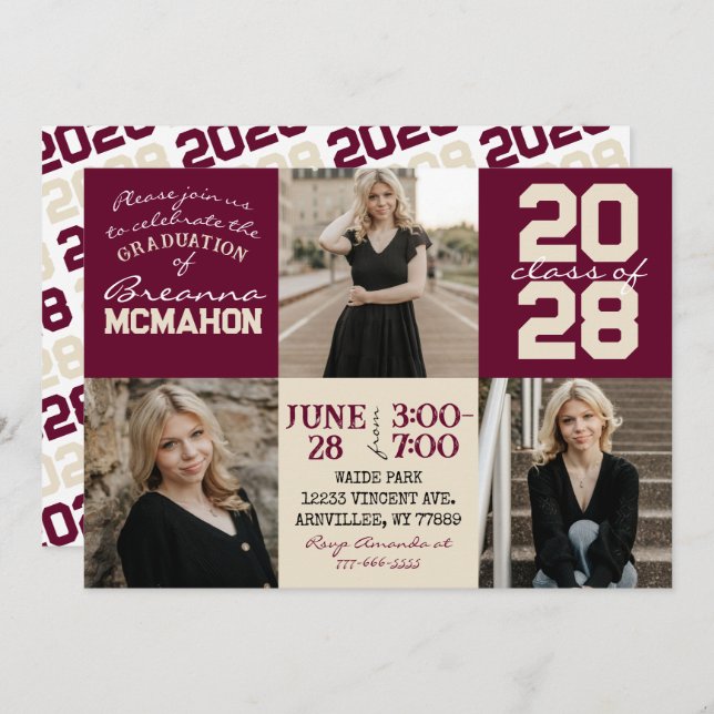Convite para Graduação de Fotos Burgundy & Cream T (Frente/Verso)