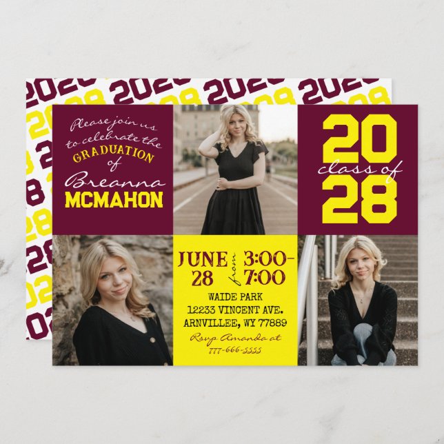 Convite para Graduação de Fotos Burgundy & Yellow  (Frente/Verso)