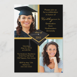 Convite para Graduação de Fotos em Preto e Dourado