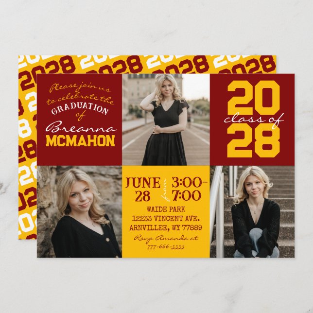 Convite para Graduação de Fotos Maroon e Dourado 3 (Frente/Verso)