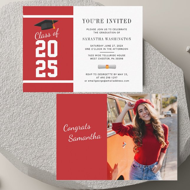 Convite para Graduação de Fotos Moderno 2025 (Graduation 2025 Red White Photo Mini Party Invitation)
