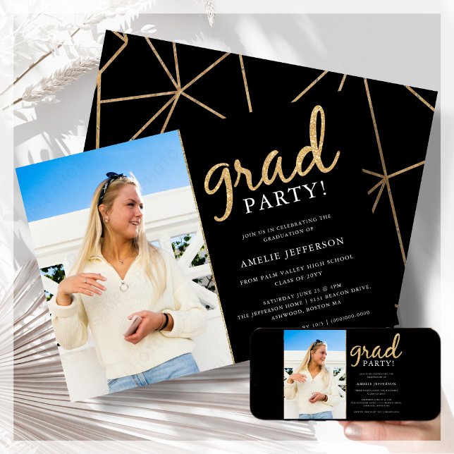 Convite para Graduação de Fotos Preta e Dourada (Criador carregado)