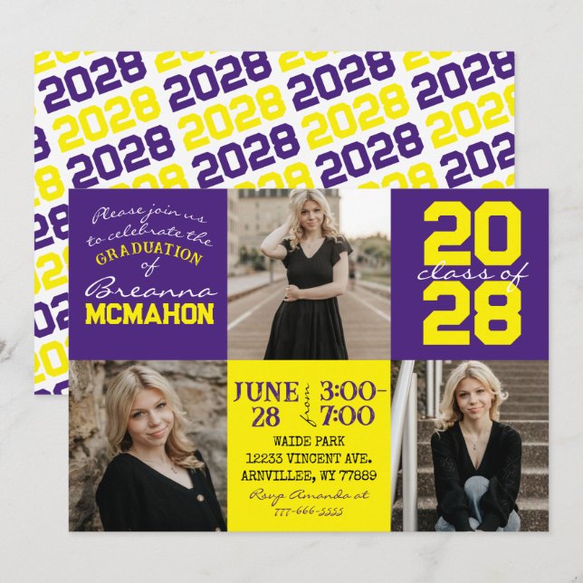 Convite para Graduação de Fotos Púrpura e Amarela  (Frente/Verso)