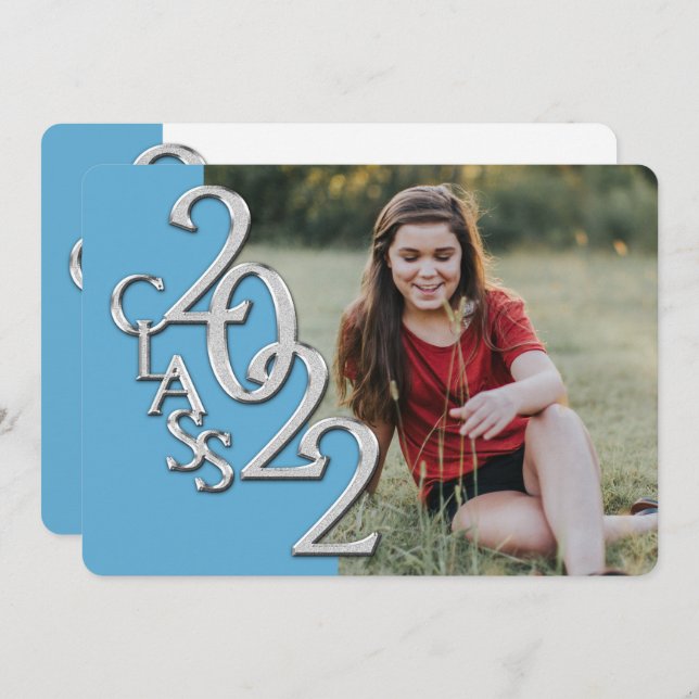 Convite para Graduação de Fotos Silver Light Blue  (Frente/Verso)