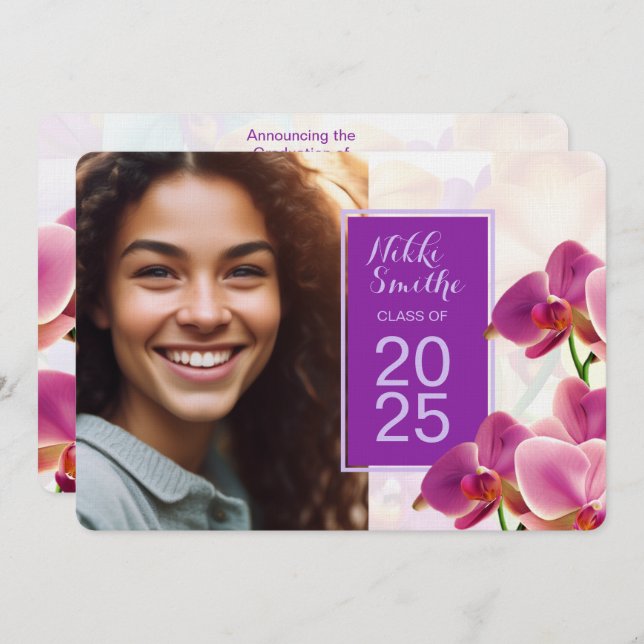 Convite para graduação de orquídeas Na moda modern (Frente/Verso)