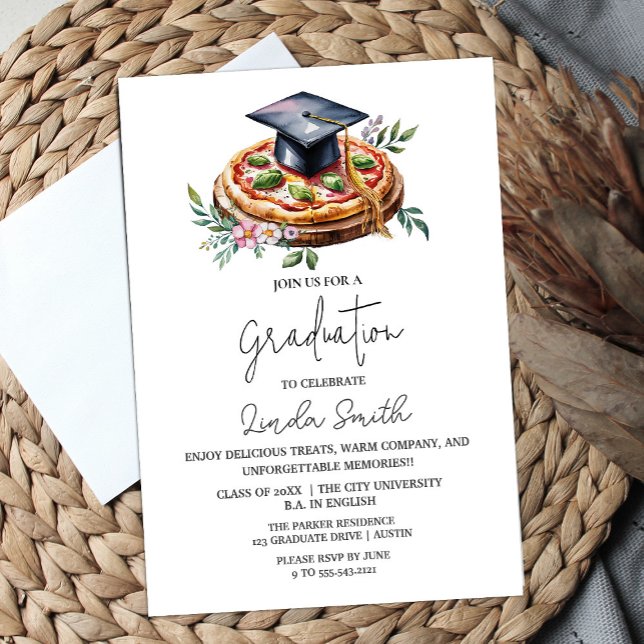 Convite para Graduação de Pizza Floral Elegante (Elegant Floral Pizza Graduation Invitation #pizzaparty #zazzlemade #watercolorpizza #graduationparty)